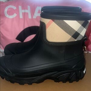 Burberry Black and Beige Plaid Rain Boots